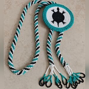 Native American Bolo Tie Hand Beaded Turquoise and Black Onyx Glass Necklace